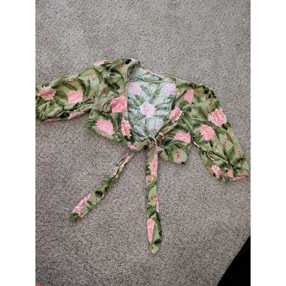 Agua Bendita x Target Floral Linen Blend Tie Front Crop Top Green Pink Small